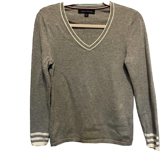 Tommy Hilfiger Grey Knit Golf Sweater V Neck Lightweight Cotton S/P - Picture 1 of 7